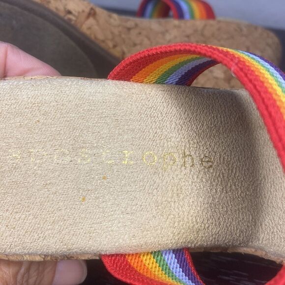 Apostrophe cork Wedge Sandals with Rainbow Elastic Straps Size 6M - Picture 8 of 10